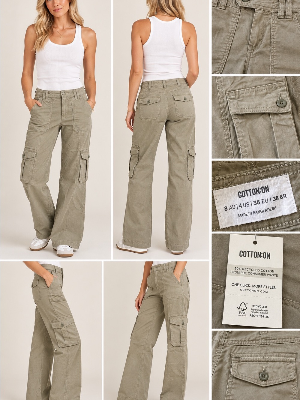 Cotton On Bootleg Cargo Flare Pants Woodland Size 4 NWT